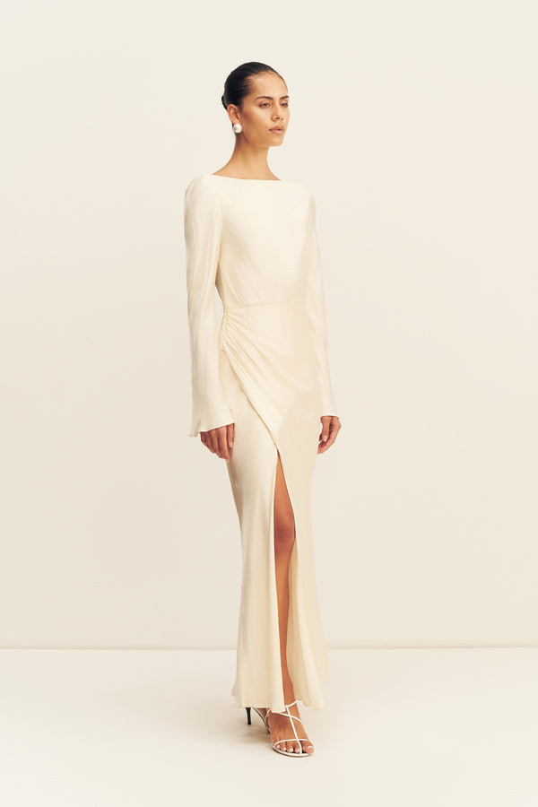 LA LUNE FLARED SLEEVE SIDE SPLIT MIDI DRESS - CREAM
