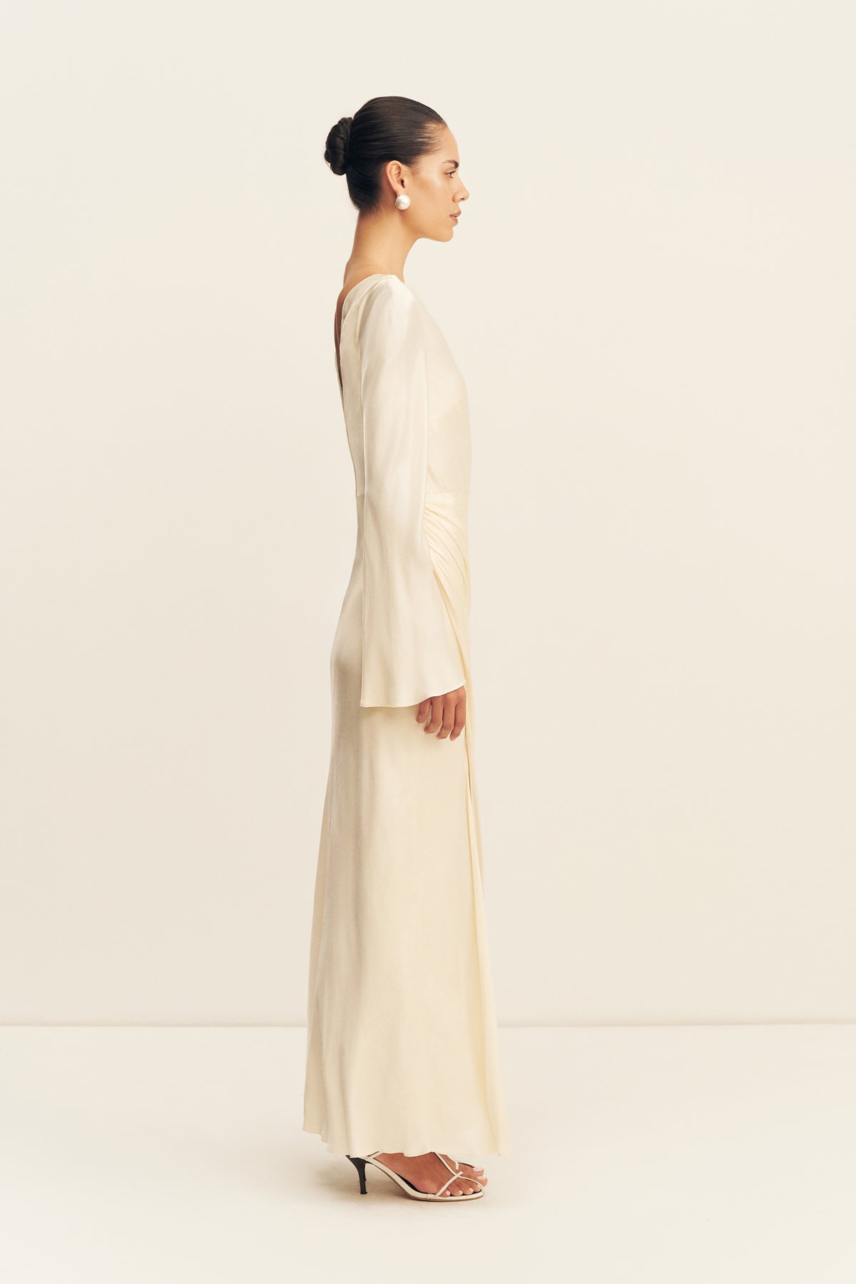 La Lune Flared Sleeve Side Split Midi Dress | Cream | Dresses