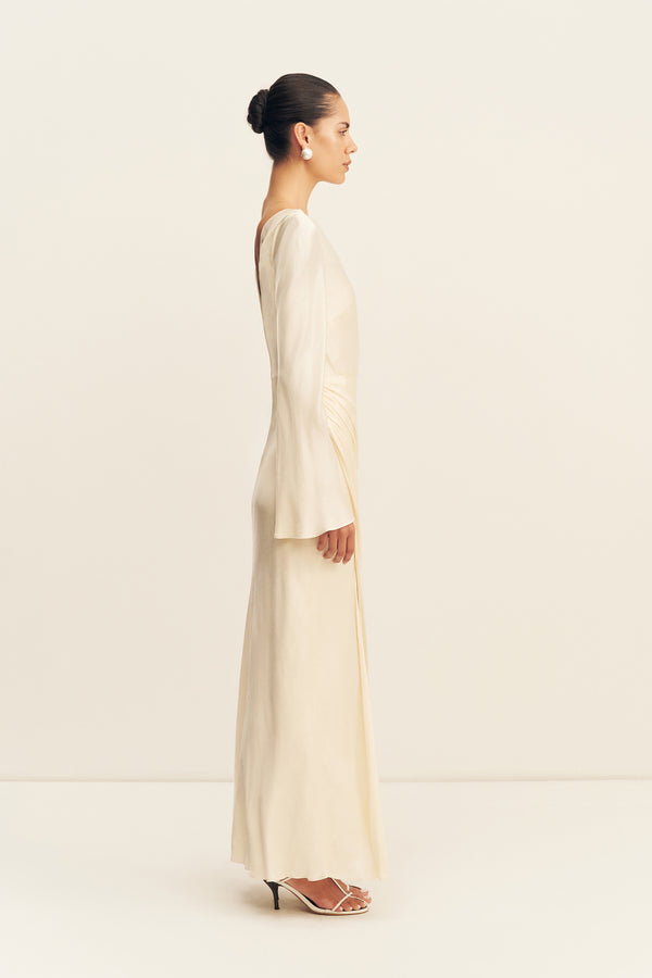 LA LUNE FLARED SLEEVE SIDE SPLIT MIDI DRESS - CREAM