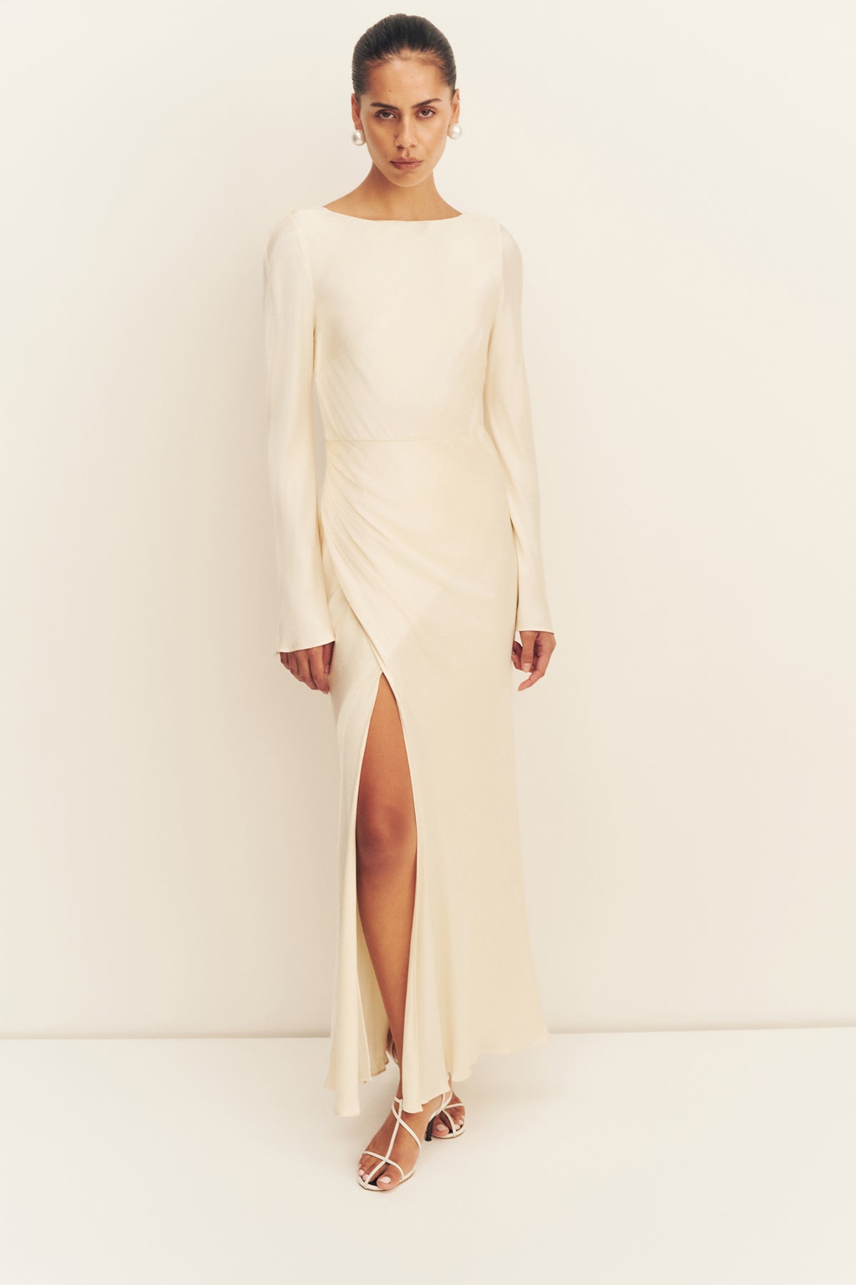 La Lune Flared Sleeve Side Split Midi Dress | Cream | Dresses
