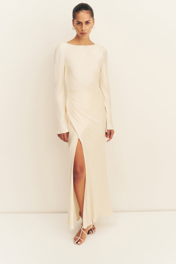 LA LUNE FLARED SLEEVE SIDE SPLIT MIDI DRESS - CREAM