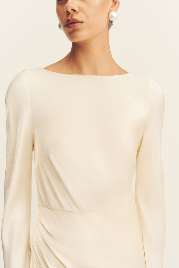 LA LUNE FLARED SLEEVE SIDE SPLIT MIDI DRESS - CREAM