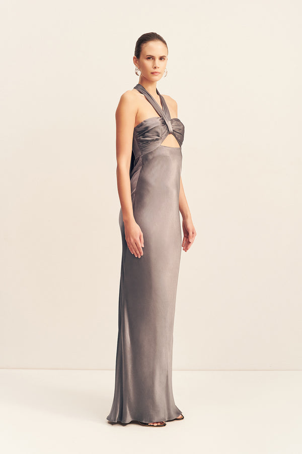 LA LUNE RUCHED HALTER MAXI DRESS - GRAPHITE