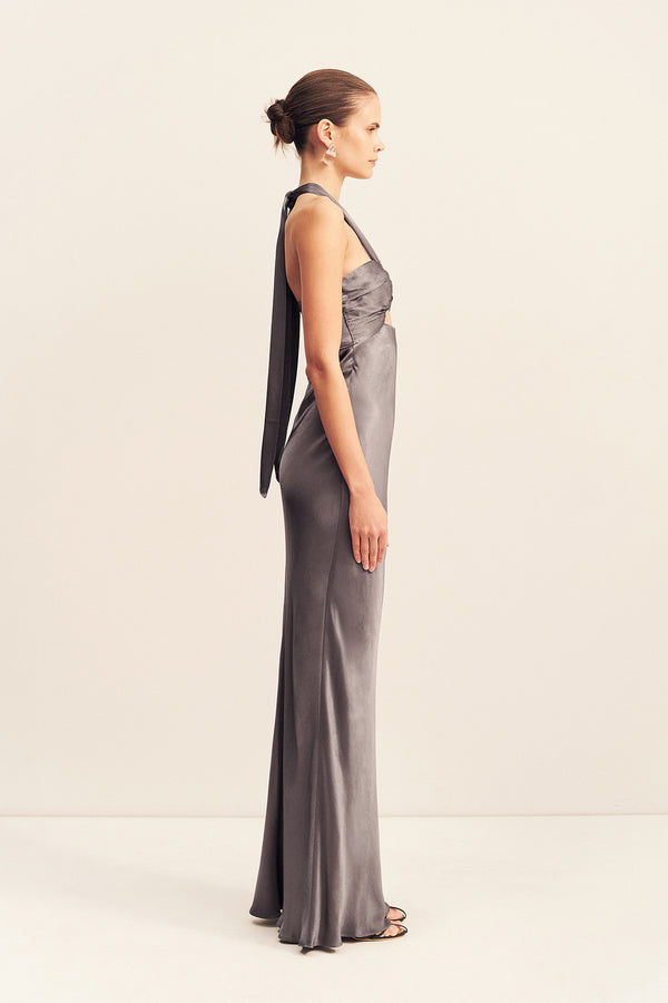LA LUNE RUCHED HALTER MAXI DRESS - GRAPHITE