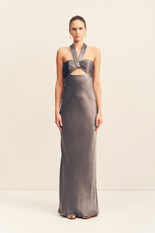 LA LUNE RUCHED HALTER MAXI DRESS - GRAPHITE