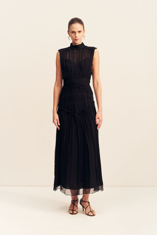 CLEMENCE HIGH NECK MIDI DRESS - BLACK_F