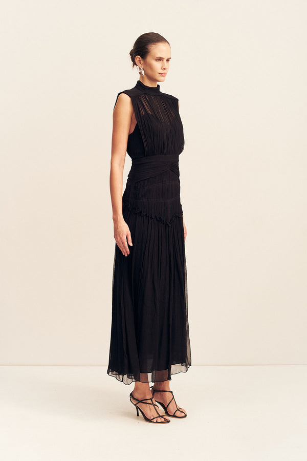 CLEMENCE HIGH NECK MIDI DRESS - BLACK