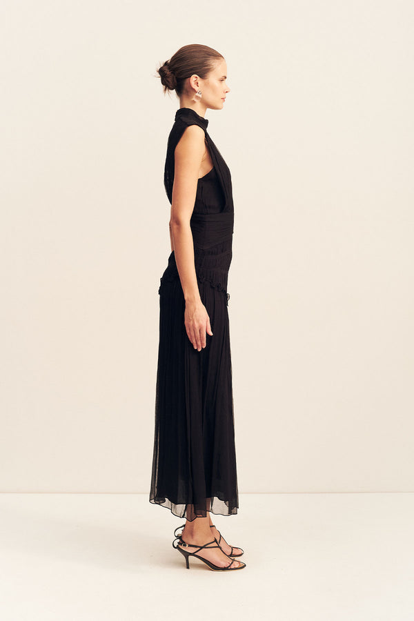 high waisted black dress Gigi | Black High-Neck Maxi Dress With Drop-Waist And Sheer Skirt
