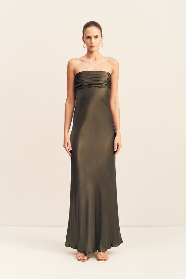 LA LUNE STRAPLESS RUCHED BODICE MAXI DRESS - FOREST_F
