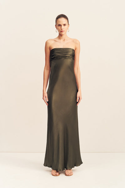 la lune strapless ruched bodice maxi dress lemon Shona Joy - La Lune Strapless Ruched Bodice Maxi Dress - Forest