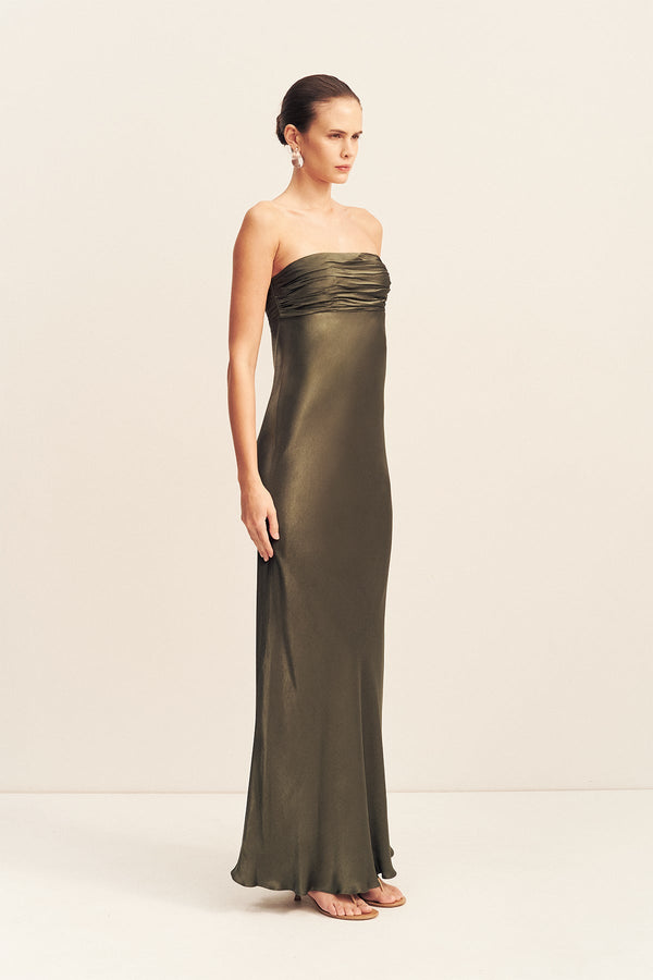 LA LUNE STRAPLESS RUCHED BODICE MAXI DRESS - FOREST