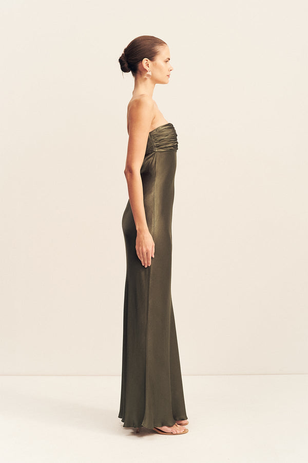 LA LUNE STRAPLESS RUCHED BODICE MAXI DRESS - FOREST