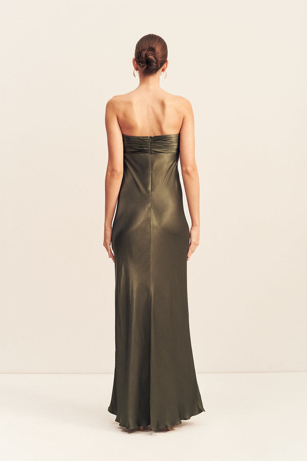 LA LUNE STRAPLESS RUCHED BODICE MAXI DRESS - FOREST