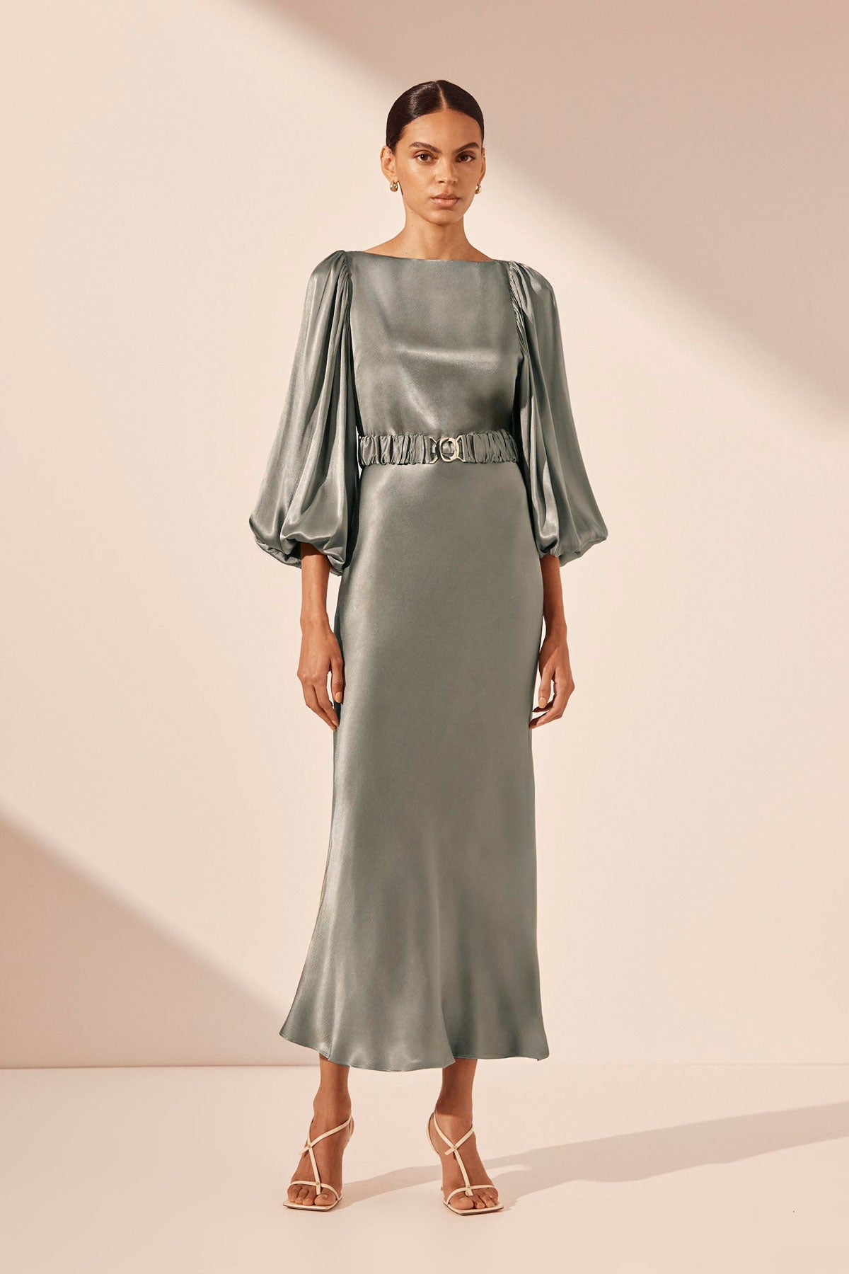 La Lune Balloon Sleeve Midi Dress with Belt | Sage | Dresses | Shona Joy