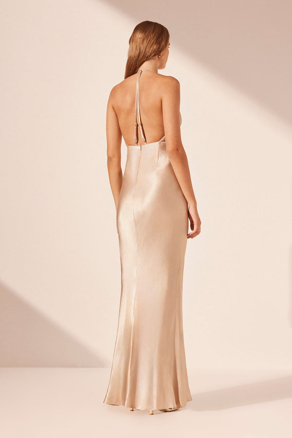 LA LUNE PLUNGED OPEN BACK HALTER MAXI DRESS - GOLD_B