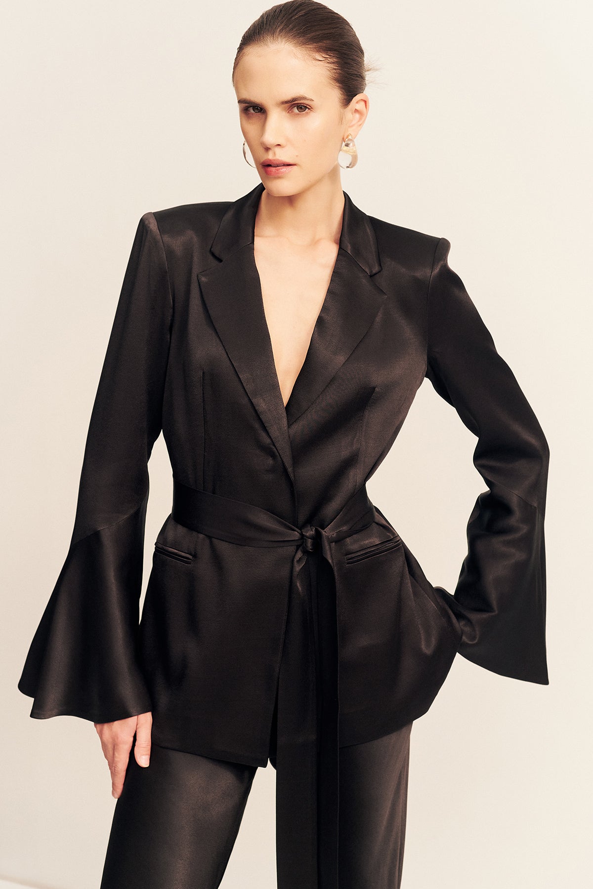 La Lune Flared Sleeve Belted Blazer | Black | Outerwear | Shona