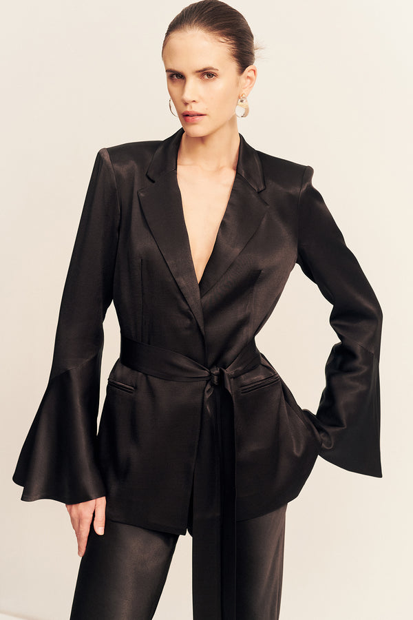 flared sleeve blazer dress boohoo Women's Buckle Detail Flared Sleeve Blazer Dress in Black | Size: 10