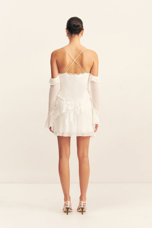 LIRA LONG SLEEVE RUFFLE MINI DRESS - IVORY_B