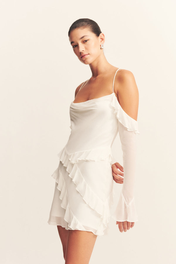 LIRA LONG SLEEVE RUFFLE MINI DRESS - IVORY_D