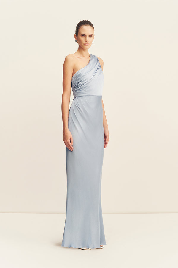 LA LUNE GATHERED ONE SHOULDER MAXI DRESS - POWDER BLUE