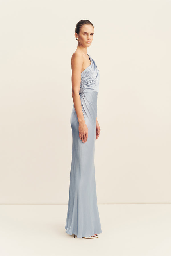 LA LUNE GATHERED ONE SHOULDER MAXI DRESS - POWDER BLUE