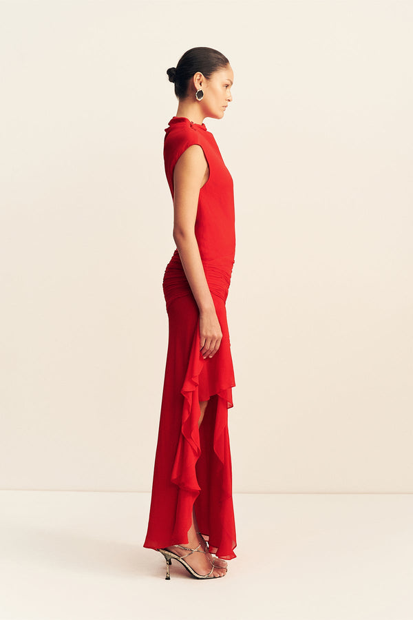 AMINA HIGH NECK RUFFLE MAXI DRESS - CHILLI