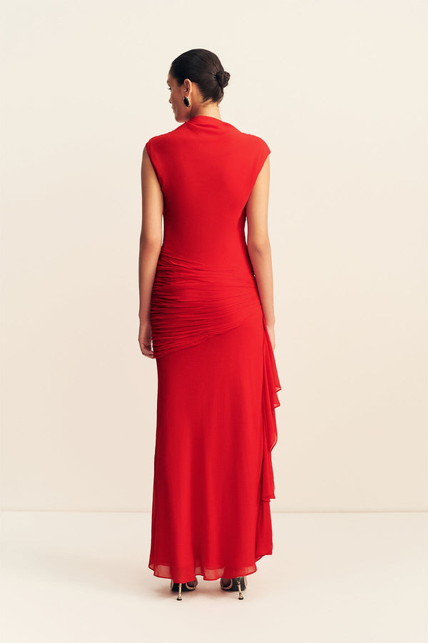 AMINA HIGH NECK RUFFLE MAXI DRESS - CHILLI
