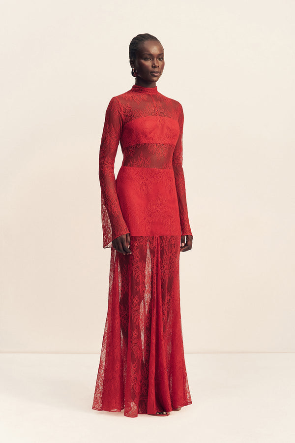 Shona Joy - Labyrinth Lace High Neck Maxi Dress - Cherry Shona Joy - Labyrinth Lace High Neck Maxi Dress - Cherry