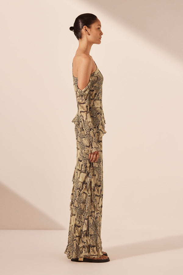 HADIYA ASYMMETRICAL LONG SLEEVE RUFFLE MAXI DRESS