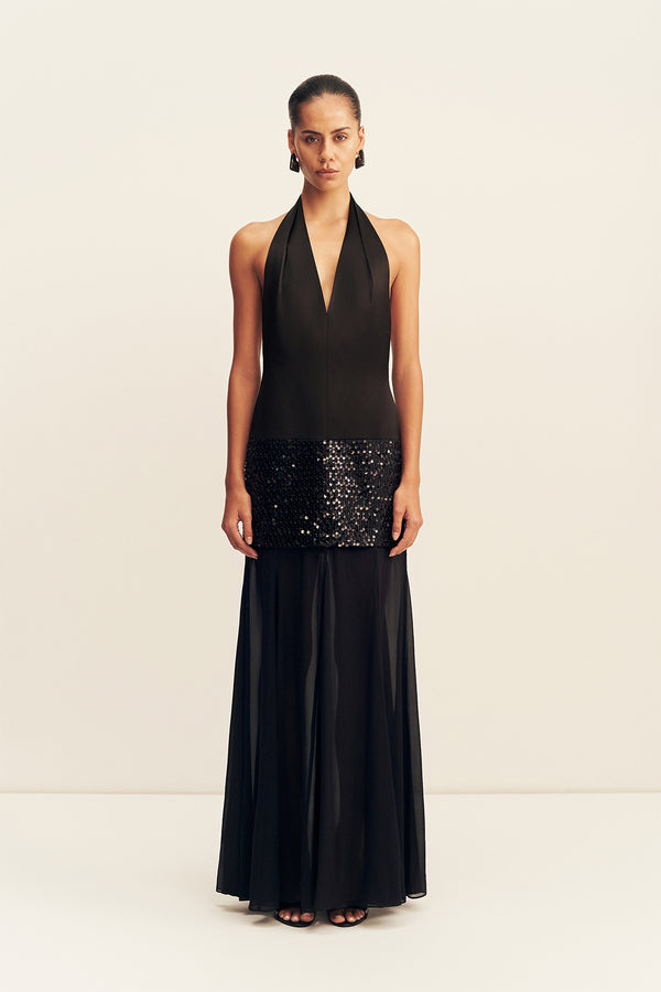 BIANCA HALTER PLUNGED MAXI DRESS - BLACK_F