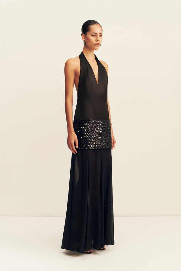 BIANCA HALTER PLUNGED MAXI DRESS - BLACK