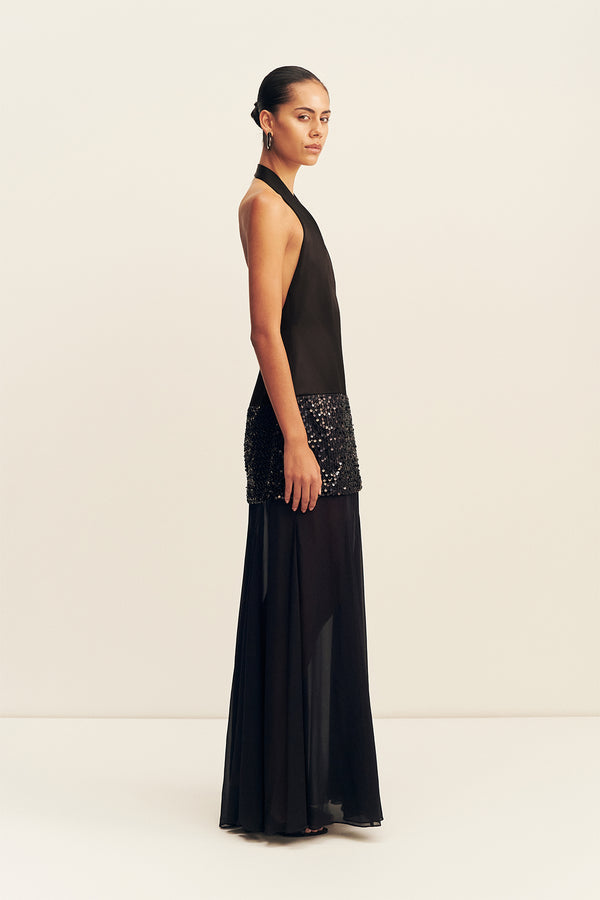 BIANCA HALTER PLUNGED MAXI DRESS - BLACK