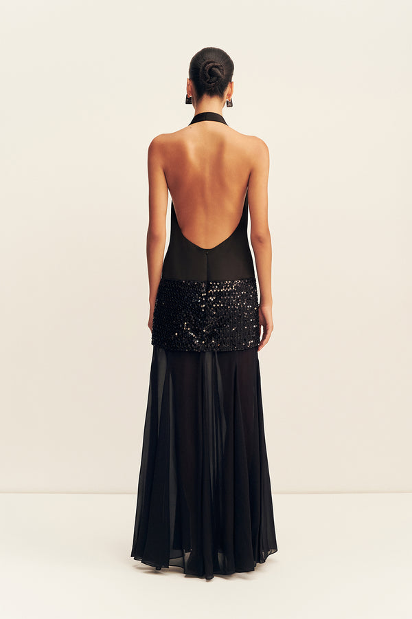 BIANCA HALTER PLUNGED MAXI DRESS - BLACK