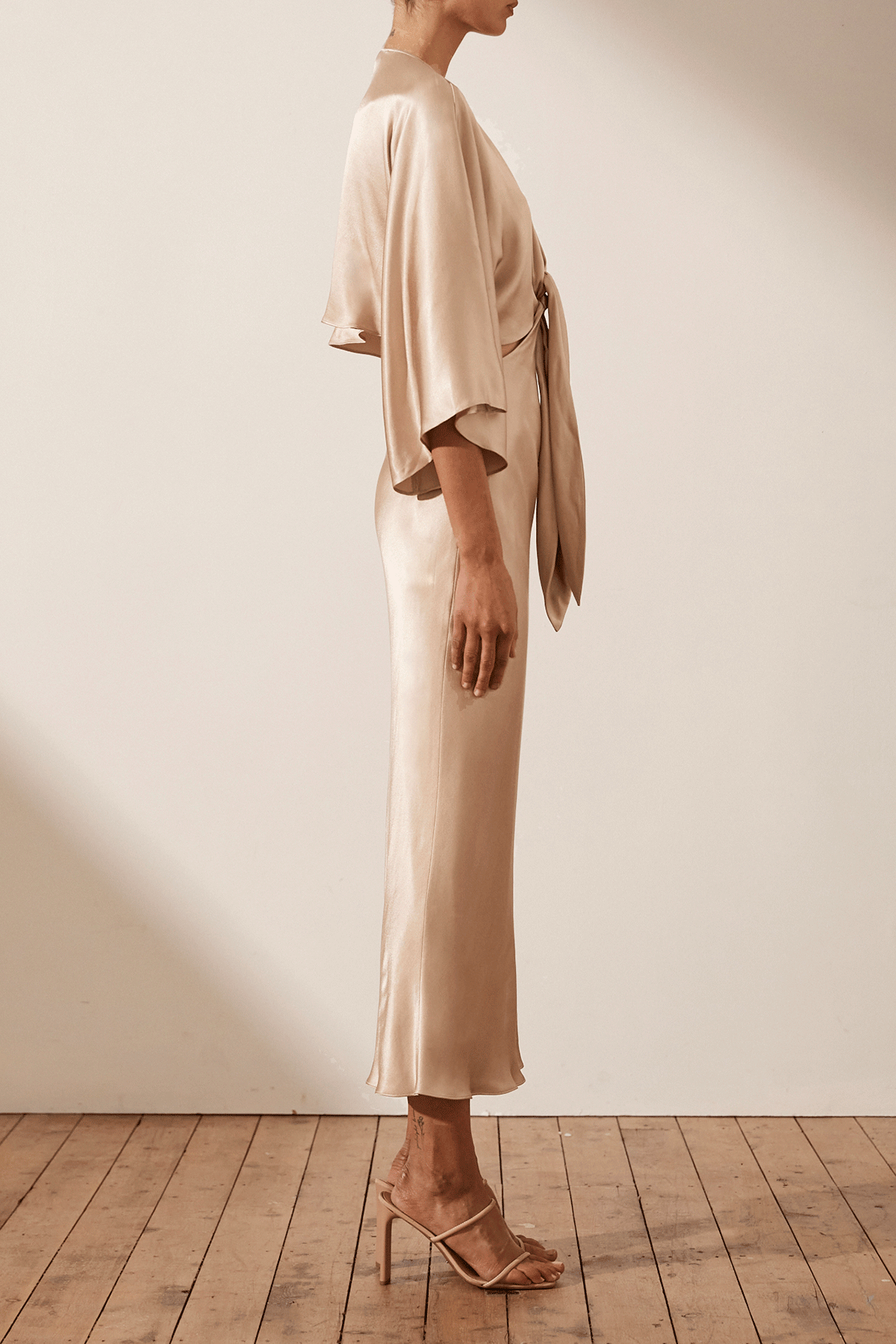 La Lune Tie Front Bias Midi Dress Gold Dresses Shona Joy