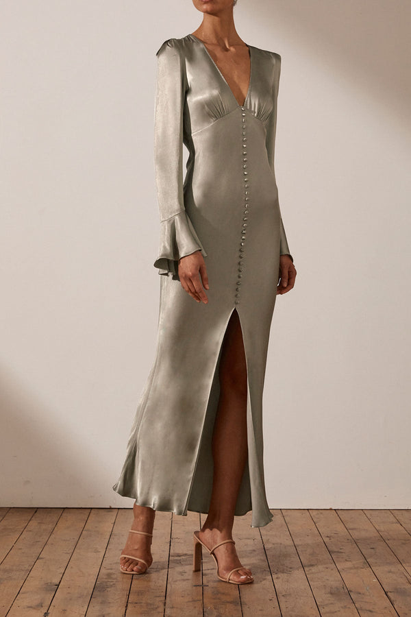 LA LUNE FRILL CUFF BIAS MIDI DRESS - SAGE_A