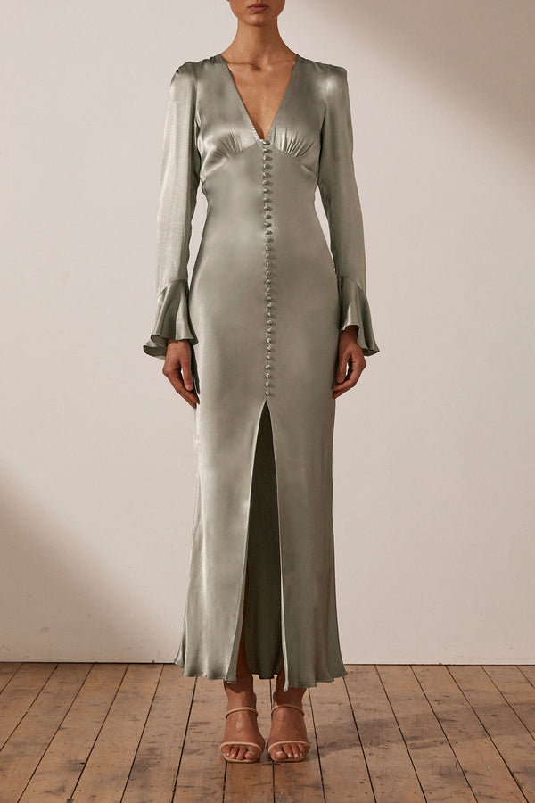 LA LUNE FRILL CUFF BIAS MIDI DRESS - SAGE_F