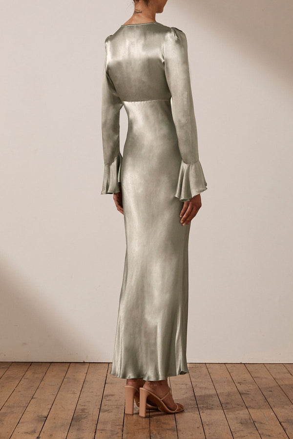 LA LUNE FRILL CUFF BIAS MIDI DRESS - SAGE_B