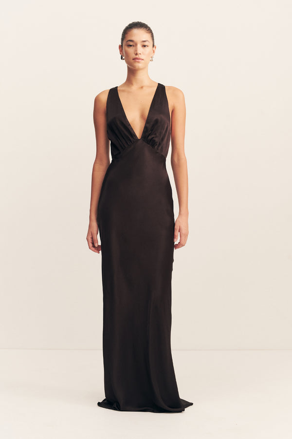 LA LUNE PLUNGED CROSS BACK MAXI DRESS - BLACK_F