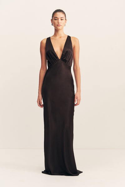 black silk dress Shona Joy La Lune Plunged Cross Back Maxi Dress in Black