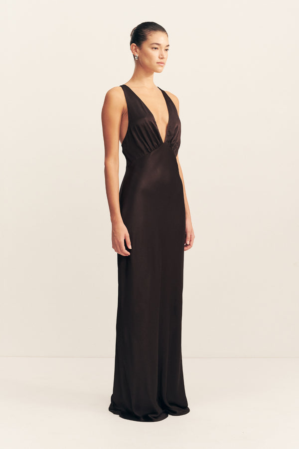 LA LUNE PLUNGED CROSS BACK MAXI DRESS - BLACK