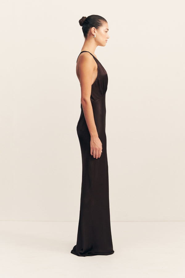 LA LUNE PLUNGED CROSS BACK MAXI DRESS - BLACK