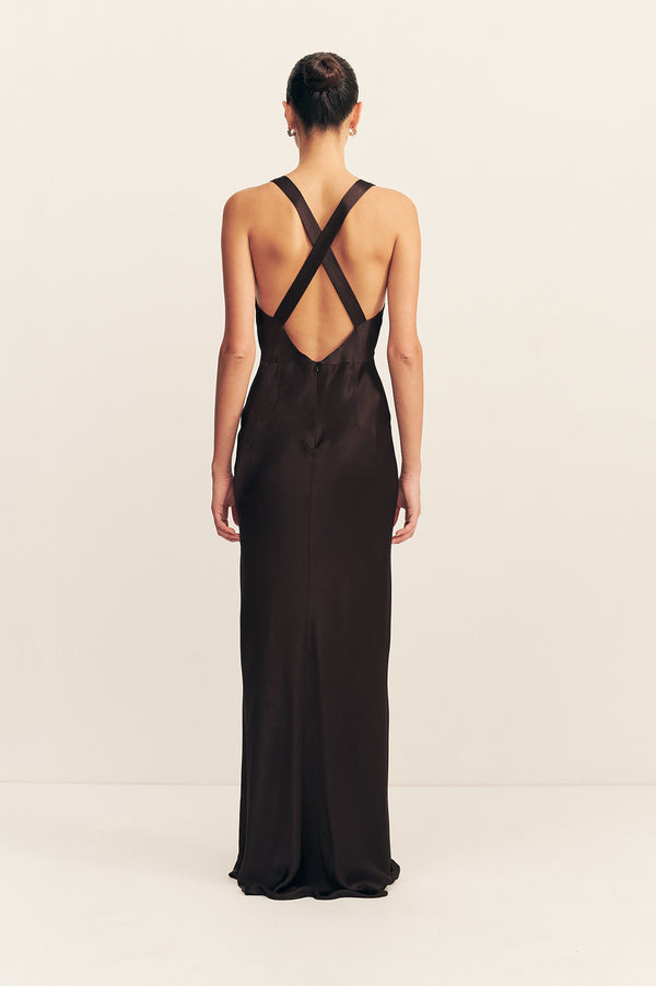 LA LUNE PLUNGED CROSS BACK MAXI DRESS - BLACK