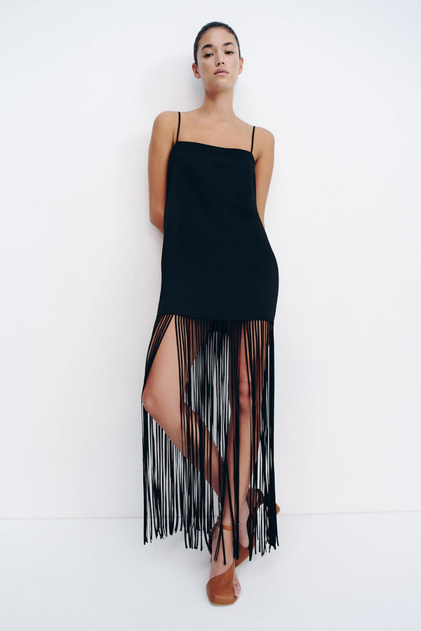 MORAYA SQUARE NECK FRINGE MAXI DRESS - BLACK