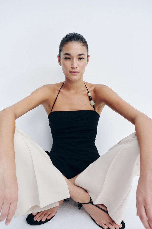 KASBAH DRAPED HALTER TOP - BLACK