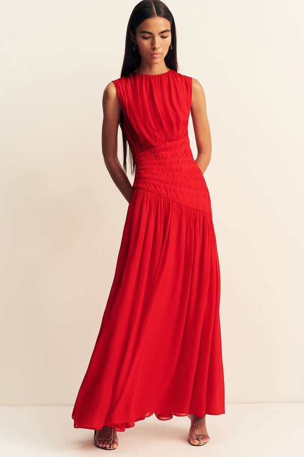 AMINA PANELLED RUCHED MAXI DRESS - CHILLI