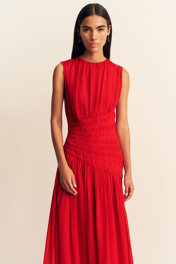 AMINA PANELLED RUCHED MAXI DRESS - CHILLI