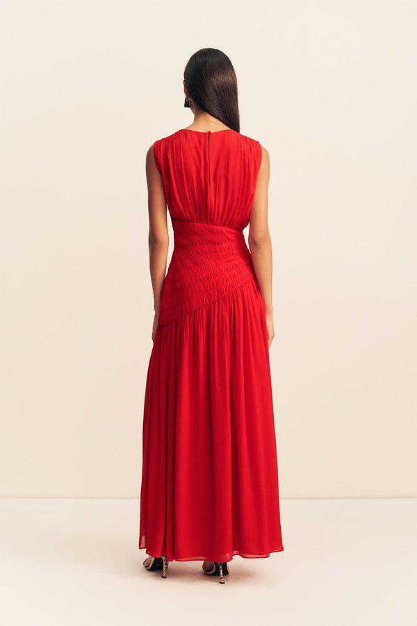 AMINA PANELLED RUCHED MAXI DRESS - CHILLI