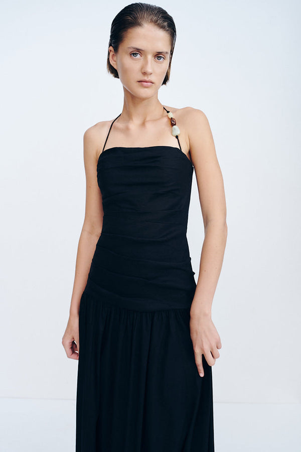 KASBAH DRAPED HALTER NECK MAXI DRESS - BLACK