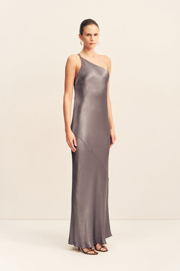 LA LUNE ONE SHOULDER COWL BACK MAXI DRESS - GRAPHITE