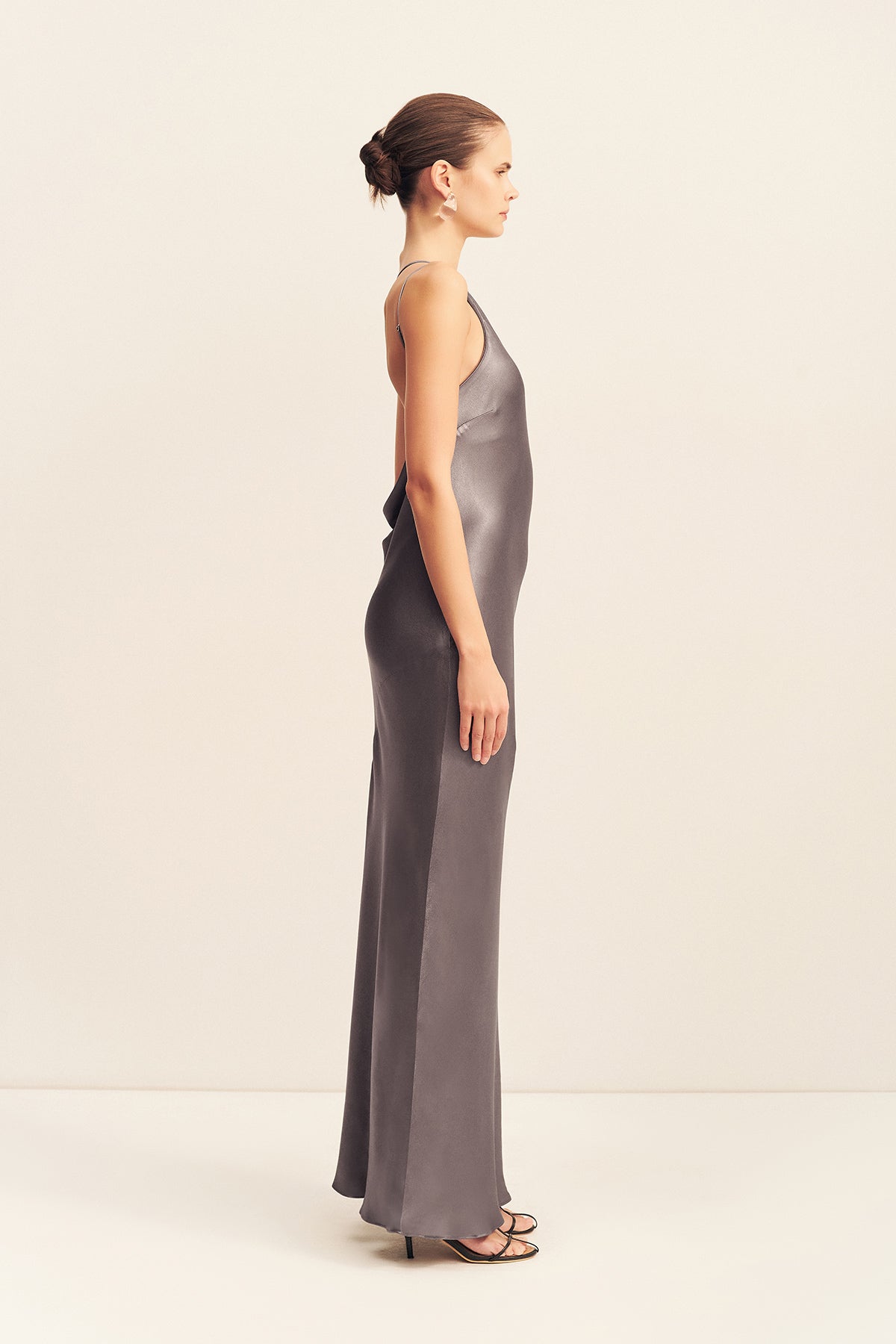 La Lune One Shoulder Cowl Back Maxi Dress | Graphite | Dresses